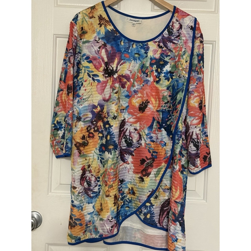 Serengeti Boho Mesh Floral Artsy Blouse Tunic Overlay Top Colorful Women Size 2X